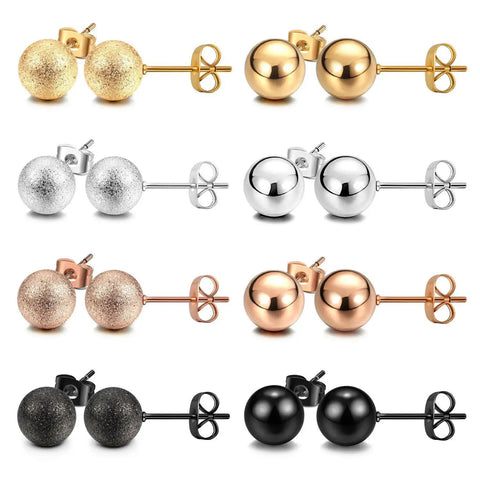 Unisex Ball Stud Earrings Set, 8 Pairs In Matte And Shiny Finishes, Silver, Gold, Rose Gold, Black, 8mm Diameter, Everyday Wear, Assorted Colors For Any Look. 8 pairs shown