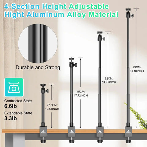 Durable Adjustable Camera Desk Mount Stand with C Clamp, four heights, aluminum alloy, from 10.83 to 31.1 in, on wooden desk.