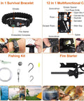 Detailed view of 4-in-1 survival bracelet, fishing kit, and fire starter from 125 Piece Survival Kit For Outdoorsy Folks And Women, Ultimate Backcountry Emergency Gear With Axe, Shovel, Flashlight, Compass, Paracord, First Aid, Fire Starter, Wire Saw, Raincoat, Thermal Blanket For Hiking And Camping.