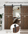 Heavy Duty Sliding Barn Door Hardware Kit With Door Hook And Two Handles For Double Doors, Smooth And Quiet Operation, Easy To Install, 12-Foot Rail, Fits 1 3 8 To 1 3 4 Inch Door Thickness And 36 Inch Wide Panels