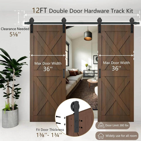Heavy Duty Sliding Barn Door Hardware Kit With Door Hook And Two Handles For Double Doors, Smooth And Quiet Operation, Easy To Install, 12-Foot Rail, Fits 1 3 8 To 1 3 4 Inch Door Thickness And 36 Inch Wide Panels