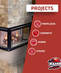 High Temp Fire Sealant Caulk For Ovens, Stoves, And Chimneys, 2732F Heat Resistance, shown with fireplace and list of uses