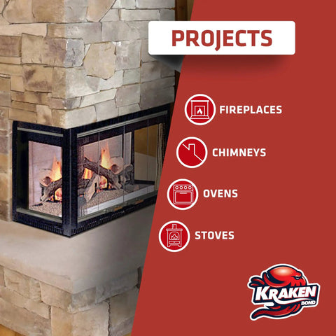High Temp Fire Sealant Caulk For Ovens, Stoves, And Chimneys, 2732F Heat Resistance, shown with fireplace and list of uses