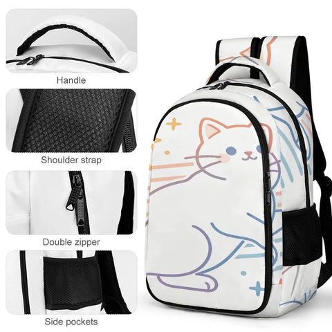 Gradient Line Cute Kitten Printed Unisex Backpack with large capacity, showing handle, shoulder strap, double zipper, side pockets.