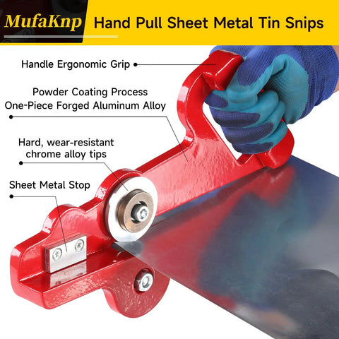 Portable Sheet Metal Cutter Hand Snips For Easy Cutting Of 28 Gauge Galvanized Steel And 0.4 Millimeter Cold Rolled Metal Handheld Tin Snips With Double Wheels For Smooth Precise Panel Slitting In A DIY Home Workshop, red handheld tin snips on metal sheet
