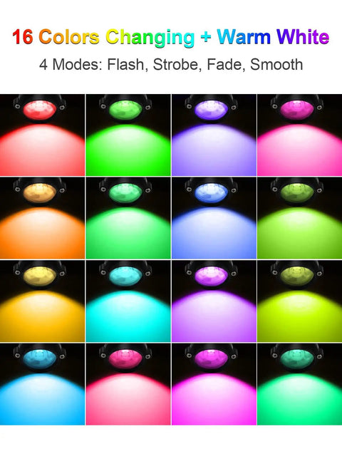 Image showing 16 colorful lighting modes of 10W Indoor RGBW LED Spotlight With Remote Control Color Changing Uplighting For Holiday Decor 16 Colors 4 Modes 120V Plug In Party Ready Accent Lighting For Christmas Halloween And Home Decor.