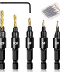 Five-piece wood countersink drill bit set with depth stop; sizes 5#, 6#, 8#, 10#, 12# with hex key and plastic case