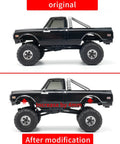 Comparison of Axial SCX30 truck before and after Aluminum Dual Hole 4mm Suspension Lift Shock Mounts installation.