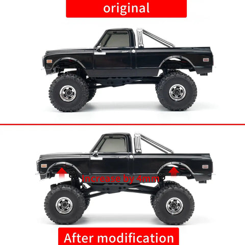 Comparison of Axial SCX30 truck before and after Aluminum Dual Hole 4mm Suspension Lift Shock Mounts installation.