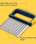 Front view of a two-pack crinkle cutter set with blue handle and yellow body, stainless steel blades.