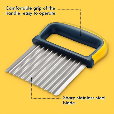 Front view of a two-pack crinkle cutter set with blue handle and yellow body, stainless steel blades.