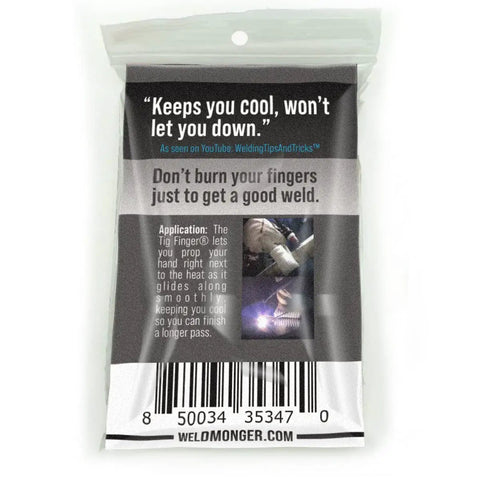 Pack of Tig Finger Heat Shield for welds, showing packaging with welding instructions and barcode. Ideal for weld protection.