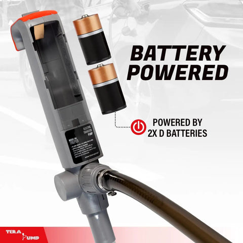 Portable Battery Powered Gas Transfer Pump for Gas Diesel and DEF with Quick Stop Nozzle, showing battery compartment