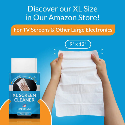 Person holding a 9x12 XL screen cleaning wipe with packaging labeled for TV screens and large electronics.
