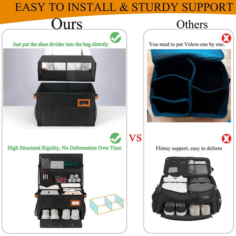 Comparison of 2 Layer Golf Trunk Organizer With 2 Shoe Compartments, Waterproof design versus a flimsy model, showing structure and support.