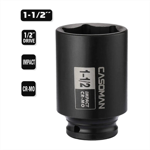 Beefy 1/2 Inch Drive Deep Impact Socket 6 Point Axle Nut Socket 1-1/2 Inch SAE CR-MO Steel With Black Phosphate Finish Heavy Duty Impact Tool For Easy Removal Of Axle Shaft Nuts