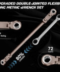 Upgraded Double Jointed Extra Long Flex Head Ratchet Wrench Set showing 80% longer design and 72-tooth mechanism on black background