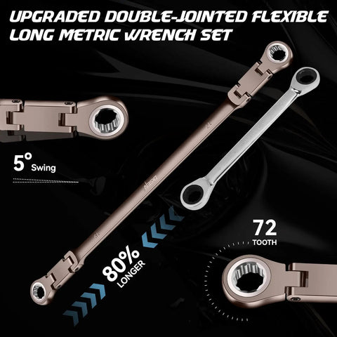 Upgraded Double Jointed Extra Long Flex Head Ratchet Wrench Set showing 80% longer design and 72-tooth mechanism on black background