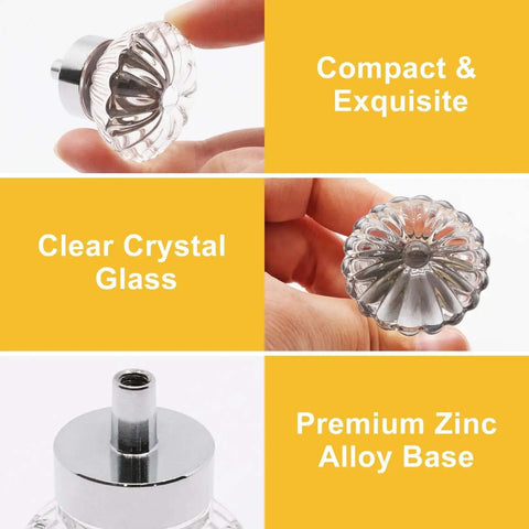 Crystal Glass Drawer Knobs Set 4-Pack Flower Bud Style Silver Finish showing clear crystal glass and zinc alloy base details.