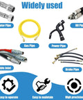 Heavy Duty Vertical Electric Hydraulic Hose Crimping Machine With Rock Solid Alloy Steel Dies And Pro Grade Three Phase Motor For Industrial Rubber Fitting Work A Smooth Operator Design showcasing various pipes including water, gas, and brake.