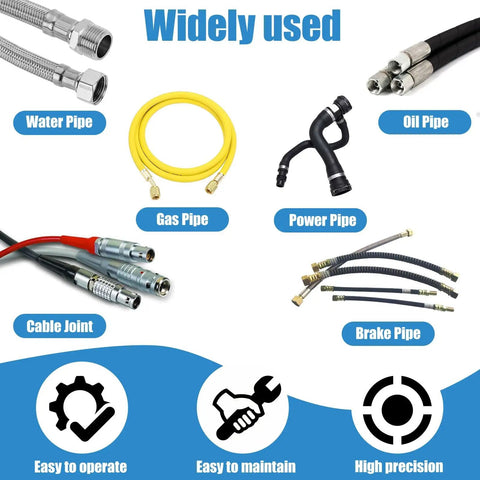 Heavy Duty Vertical Electric Hydraulic Hose Crimping Machine With Rock Solid Alloy Steel Dies And Pro Grade Three Phase Motor For Industrial Rubber Fitting Work A Smooth Operator Design showcasing various pipes including water, gas, and brake.