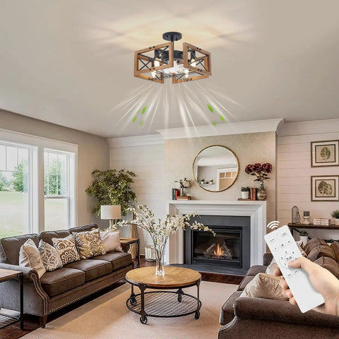 Living area with Dope Wood Flush Mount Ceiling Fan With Lights And Remote, caged indoor fan, farmhouse style above seating space