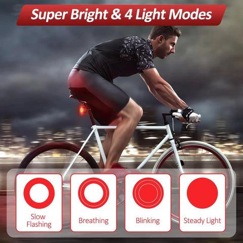 Super Cool Smart Tail Light Bike Alarm For Happy E-Bike Offroad MTB With Advanced 3D Vibration Sensor And Dark Tunnel Auto-Illumination, 4 light modes on bike rear