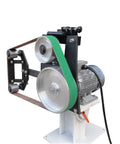 Rock Solid 2 By 71 Inch Variable Speed Belt Grinder With Three Flat And Rubber Grinding Wheels, close-up view of motor and grinding belt.