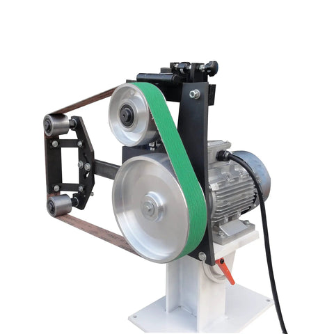 Rock Solid 2 By 71 Inch Variable Speed Belt Grinder With Three Flat And Rubber Grinding Wheels, close-up view of motor and grinding belt.