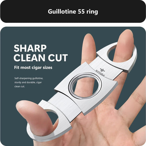 Close-up of a stainless steel guillotine from the Five Piece Cigar Cutter Set With Stainless Steel Guillotine, V Cut, Punch, Cigar Stand, Leather Case And Gift Box, Portable Dope Gear For Men That Fits All Cigars.
