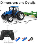 Dimensions and details of Remote Control Farm Tractor Truck with rechargeable batteries and realistic cab lights for kids aged 3 to 6.