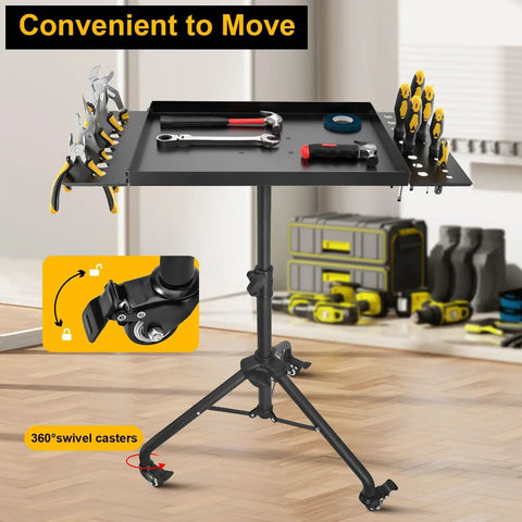 Rollin Tool Tray Cart For Mobile Work Table With 2 Tool Holders Height Adjustable Metal Tray For Tattoo Utility Cart For Salon Garage Bike Shop Durable Construction With Sturdy Triangular Base