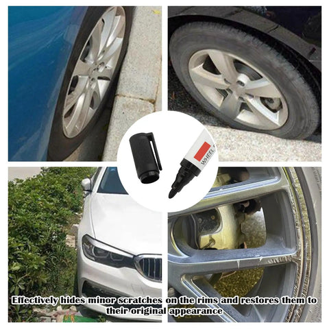Collage showing Professional Rim Paint Pen For Cars, Auto Touch Up Kit For Quick Scratch Repair on vehicle wheels.