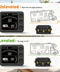 Wireless RV Leveler display showing real-time angle guidance and tilt angles for leveling RVs on different terrains.