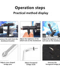 Operation steps for All In One Skate Tool Kit With T Type Allen Key And L Type Phillips Head Wrench set in use on skateboard.