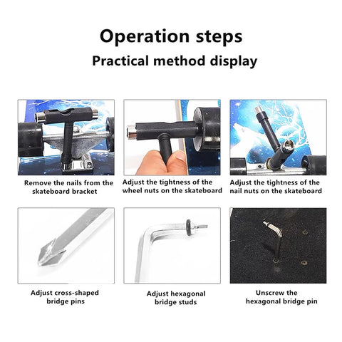 Operation steps for All In One Skate Tool Kit With T Type Allen Key And L Type Phillips Head Wrench set in use on skateboard.