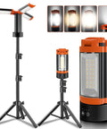 Rechargeable 12000mAh Camping Light With Adjustable Stand And 3 LED Heads, multiple configurations, detachable tripod, orange.