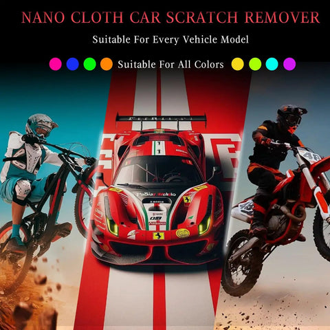 Red sports car and motorbikes with Nano Sparkle Car Scratch Remover Cloth Kit 4-Pack, compatible with all colors and models.