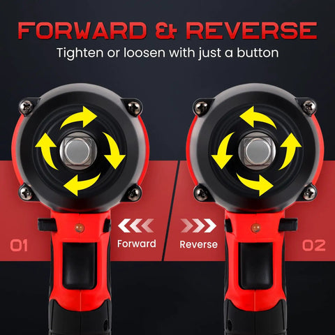 Forward and reverse function of 18V Brushless Cordless Impact Wrench Serving Up 1106 FT Lbs Of Killer Torque 1/2 Inch Drive 3200 Max RPM.