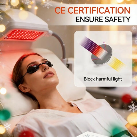 Front view of black protective red-light therapy goggles on a woman during tanning bed session; adjustable arms.