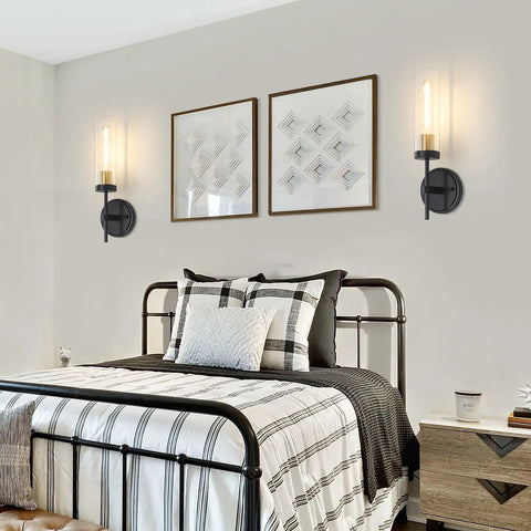 Bedroom with Black Wall Sconce Lighting Modern Vanity Fixture With Clear Glass Shades Dimmable Over Mirror Bath Lights