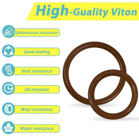 Viton O Ring Assortment Kit, 386 Pieces, 30 Metric Sizes, 75A Durometer, showing resistance features and brown O rings