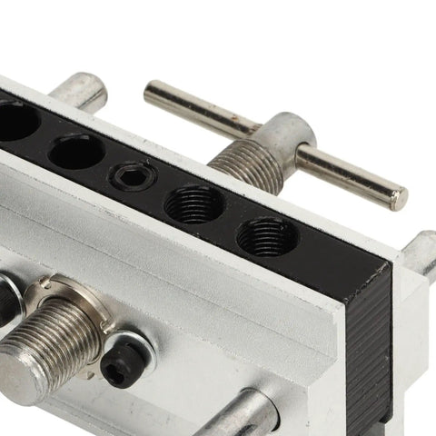 Close-up of Heavy Duty Self Centering Dowel Jig With Quick Swap Sleeves For 1/4 3/8 And 5/16 Bits premium material details.