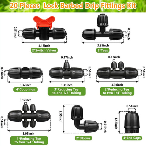 Half Inch Drip Irrigation Fittings Kit with barbed locking nuts, 20-piece set with couplings, tees, valves, elbows, and end caps.