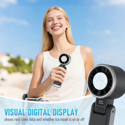 Woman holding Portable Handheld Turbo Fan With Ice Cooling Rechargeable Personal Fan Up To 12 Hours Of Cooling Five Speeds And 25550 RPM Turbo Wind Ideal For Travel Outdoor Adventures Camping And Hiking Black, close-up of digital display