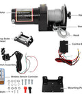 Fauitay 2500lb DC 12V Electric Power Winch With Remote Control For Atv Utv Trailers featuring motor, steel cable, and control box.