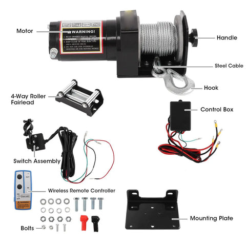 Fauitay 2500lb DC 12V Electric Power Winch With Remote Control For Atv Utv Trailers featuring motor, steel cable, and control box.