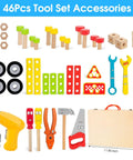 44 Piece Wooden Kids Tool Set With Drill showing colorful tools and accessories, dimensions labeled for educational use.