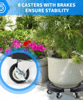 Heavy Duty Plant Caddy With Wheels For Indoor Outdoor Use, showing 8 lockable casters, rolling large potted plant on patio