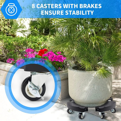 Heavy Duty Plant Caddy With Wheels For Indoor Outdoor Use, showing 8 lockable casters, rolling large potted plant on patio